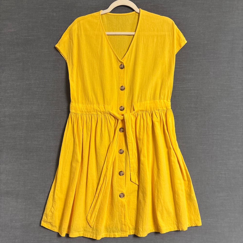 Shein Dress 6 Sunflower Yellow Cotton Button Front Tie Waist Casual Summer